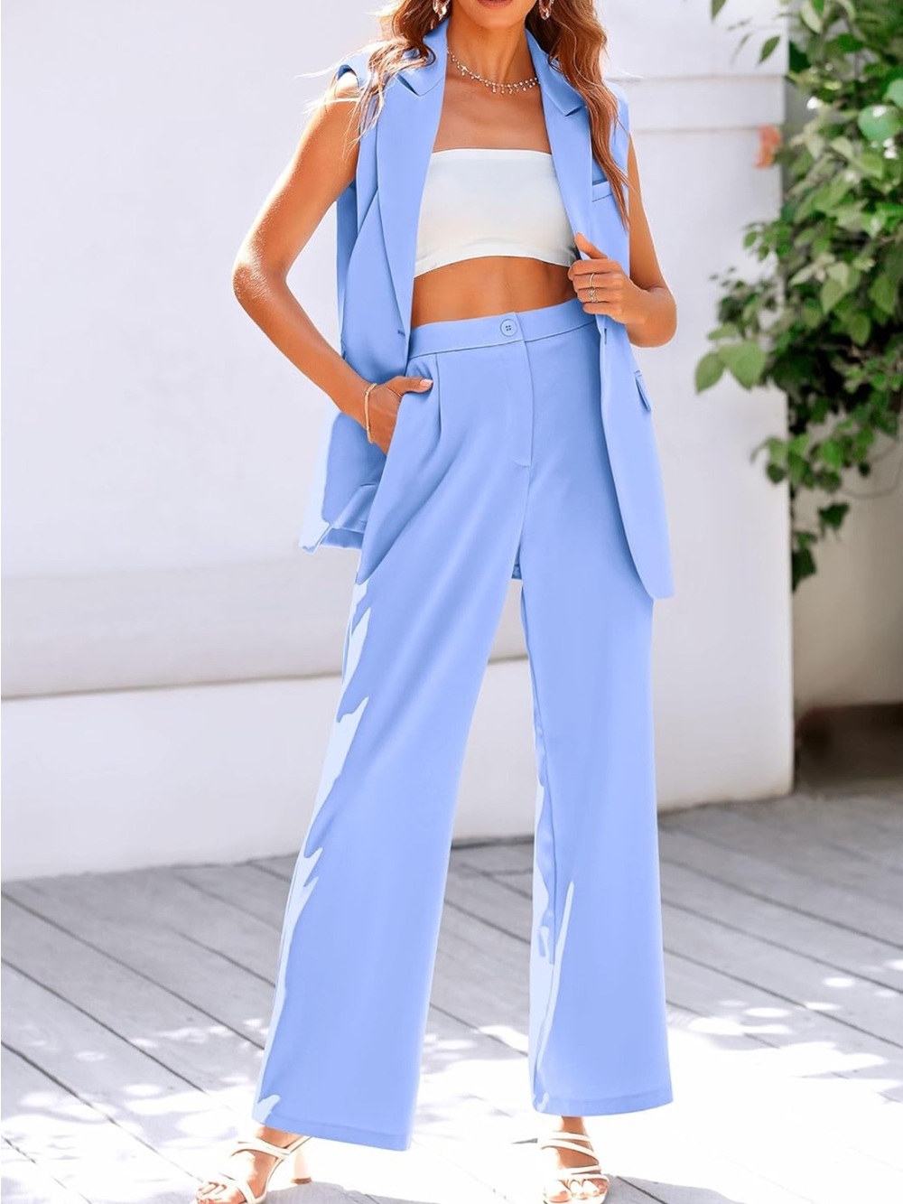Women’s Two Piece Outfit Sleeveless Suit Vest and Wide Leg Pants Blazer Set - Picture 9 of 11